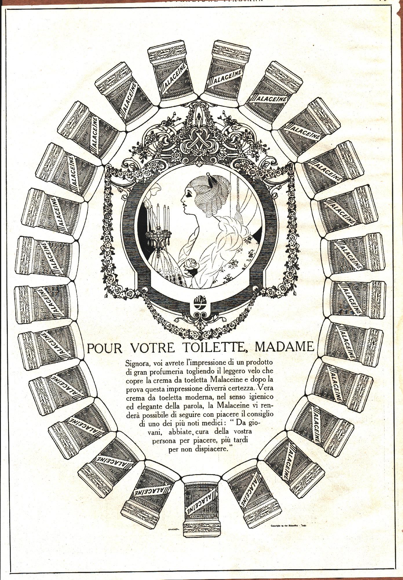 Malaceine. Pour votre toilette, madame. Advertising 1920