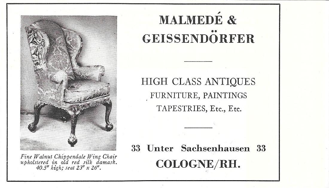 Malmedé &amp; Gaissendorfer, Cologne. Hight class antiques. Pubblicita 1930