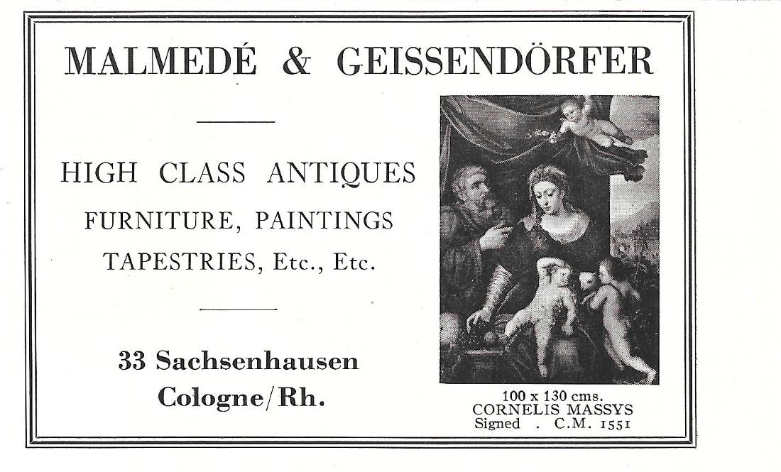 Malmede &amp; Geissendorfer, Cologne. High class Antiques. Pubblicita 1929
