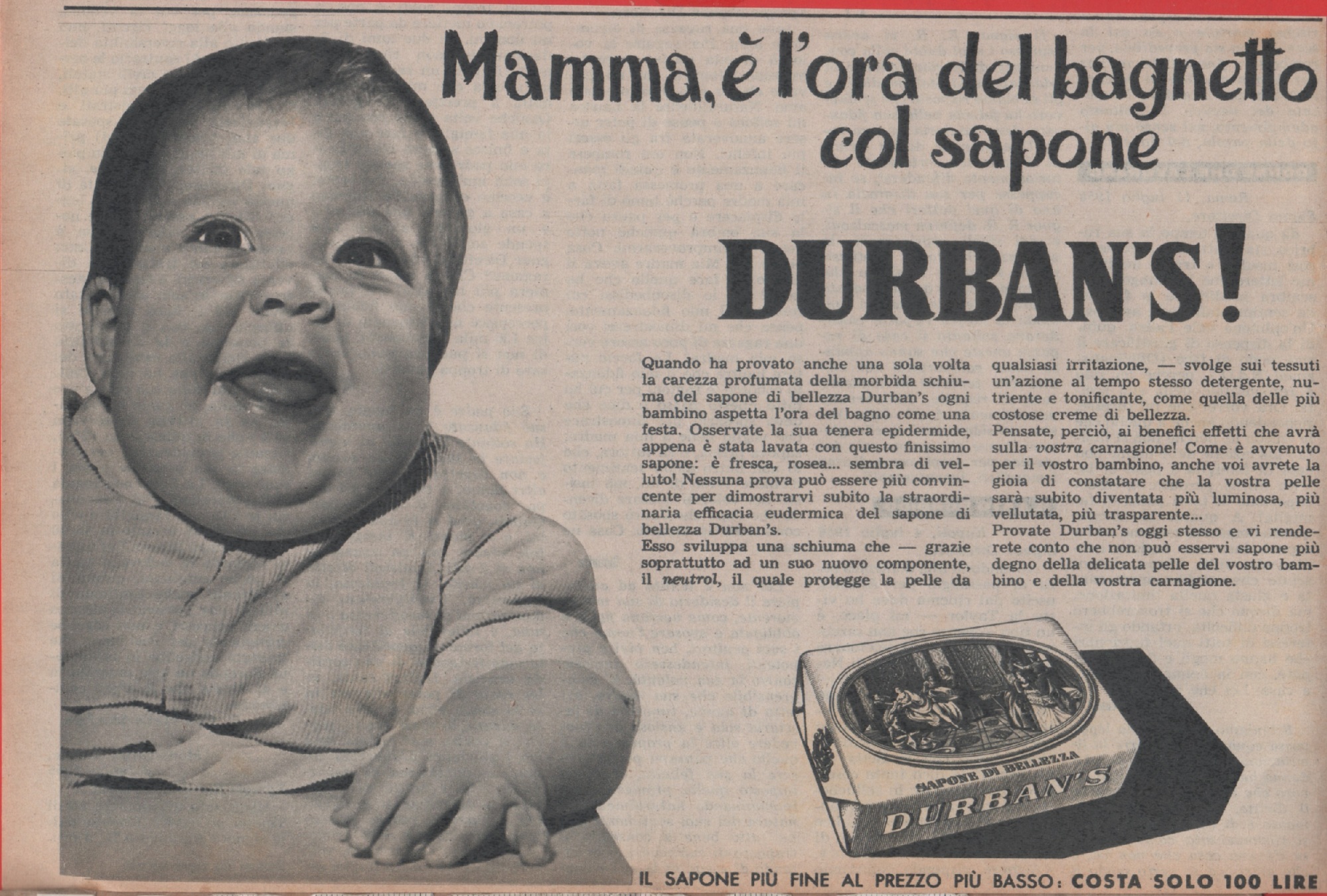 Mamma, è l'ora del bagnetto col sapone Durban's. Advertising 1956