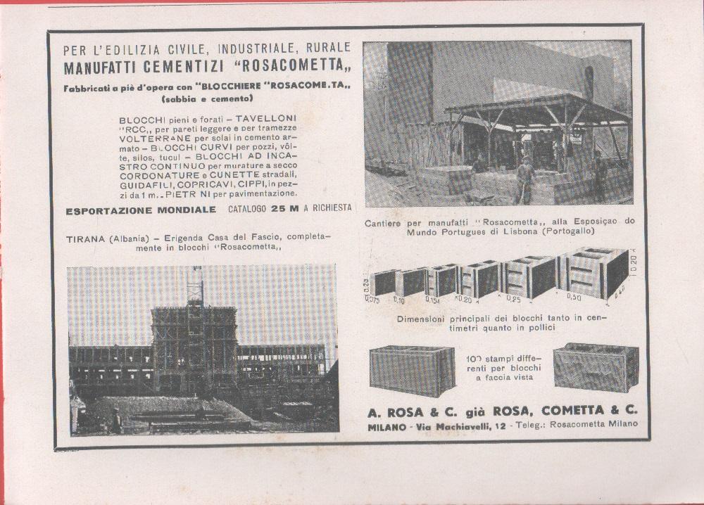 Manufatti cementizi Rosacometta. Pubblicità 1940
