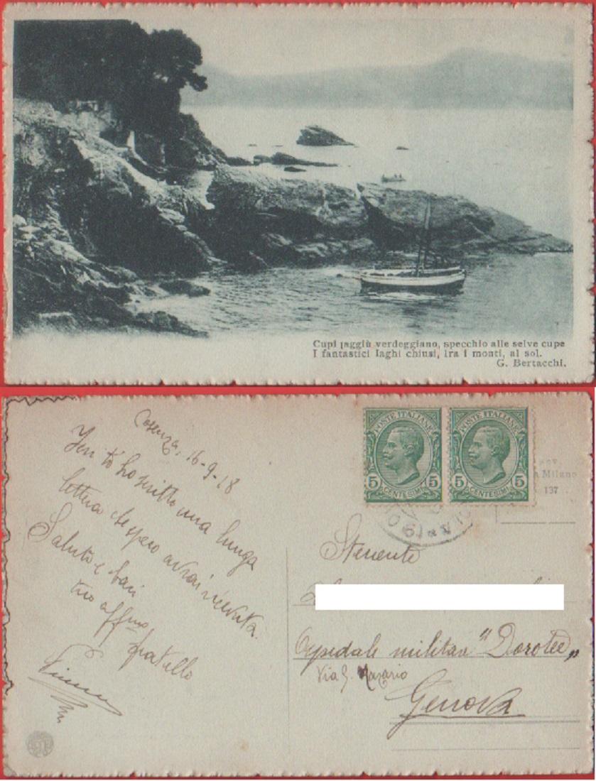 Marina con barca. Verso di G. Bertacchi. Viaggiata 1918