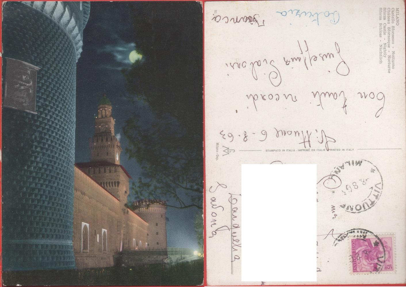 Milano. Castello Sforzesco. Notturno. Viaggiata 1963