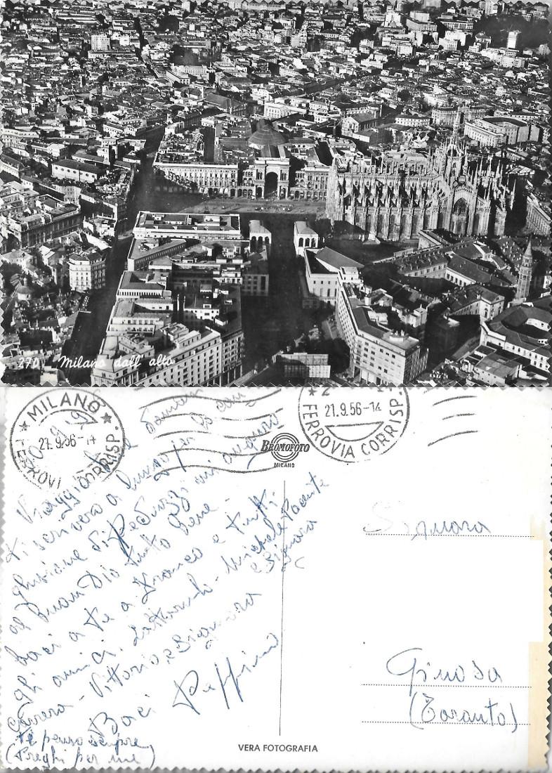Milano dall'alto. Viaggiata 1956