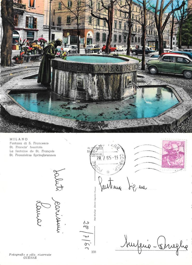 Milano. Fontana di S. Francesco. Viaggiata 1965. Auto