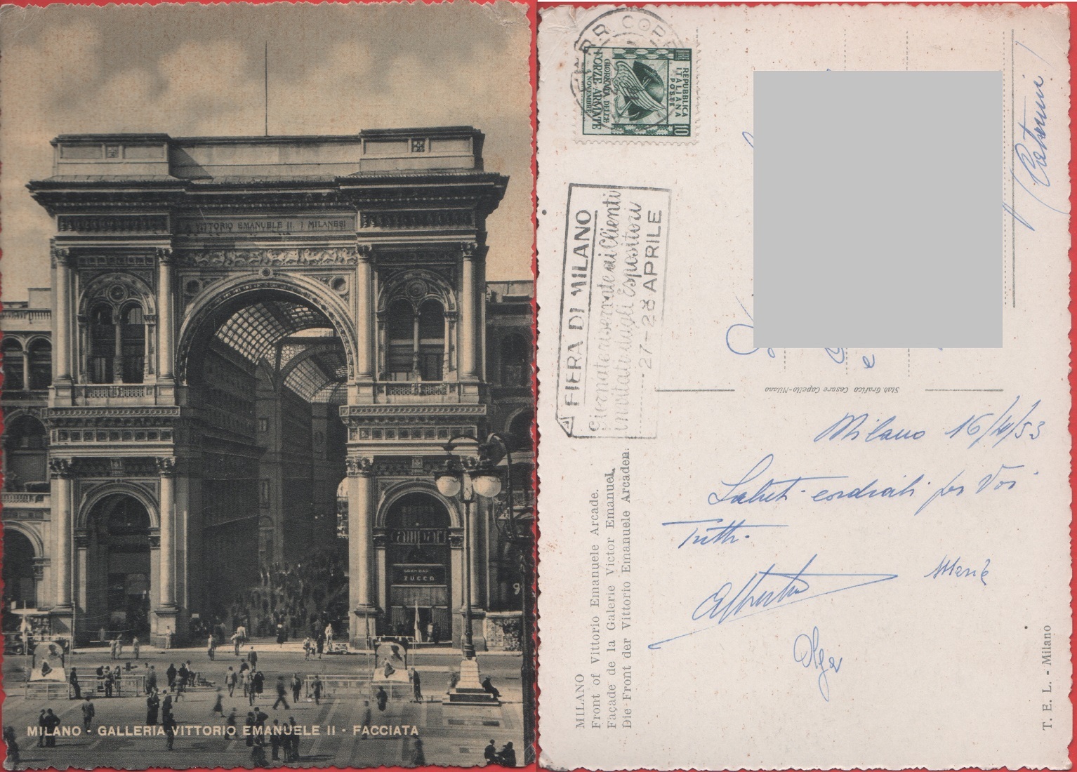 Milano. Galleria Vittorio Emanuele II. Facciata. Viaggiata 1953