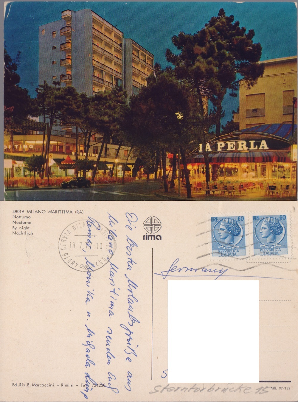 Milano Marittima (RA). Notturno. Viaggiata 1977