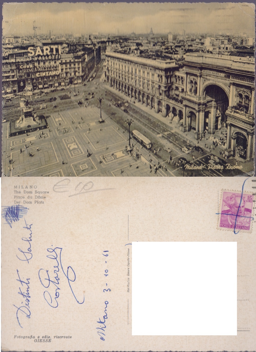 Milano. Piazza del Duomo. Viaggiata 1961, Insegne