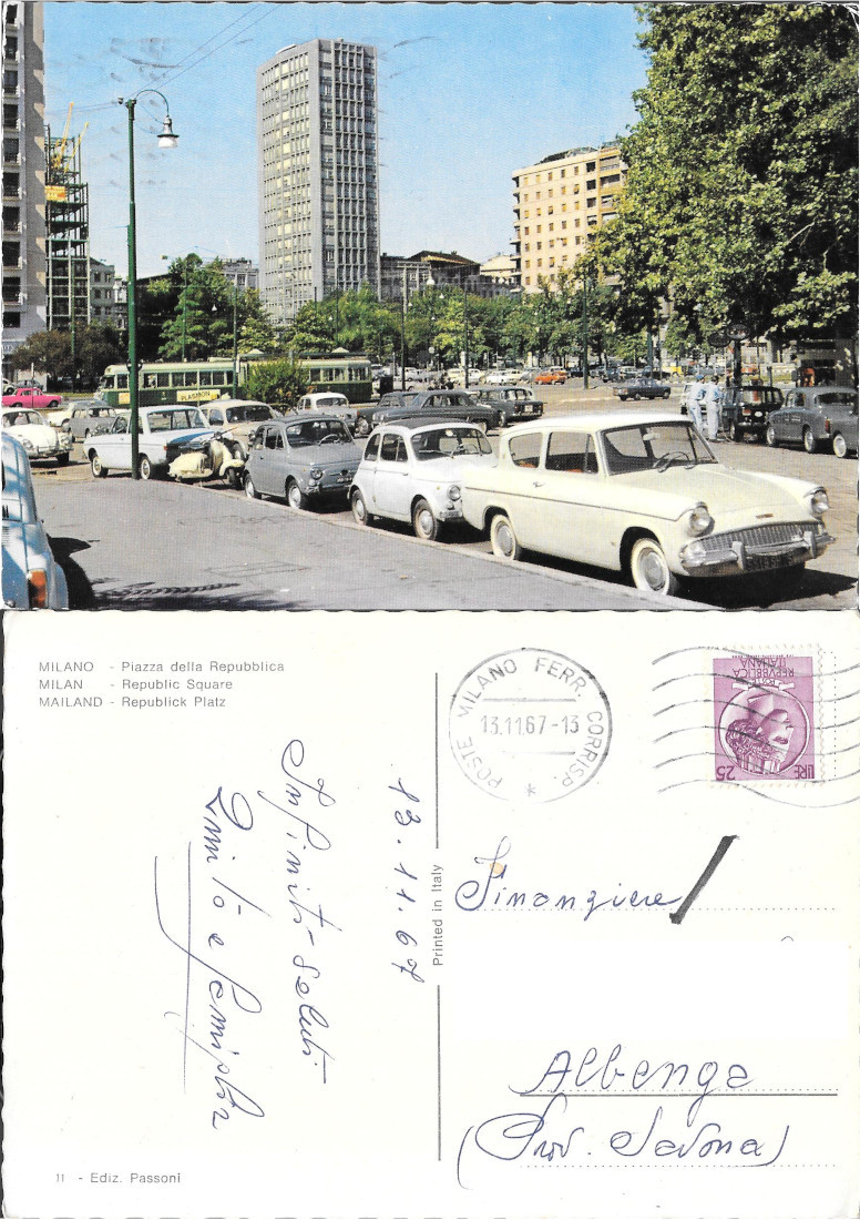 Milano. Piazza della Repubblica. Viaggiata 1967, auto
