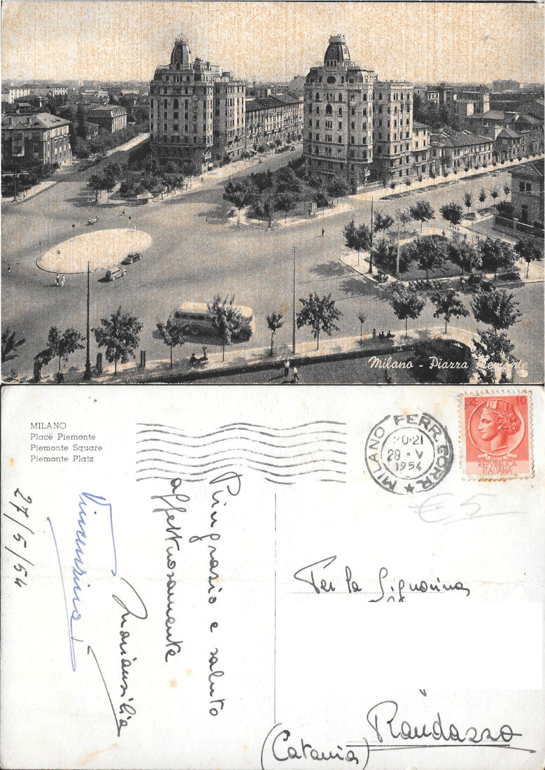 Milano. Piazza Piemonte. Viaggiata 1954