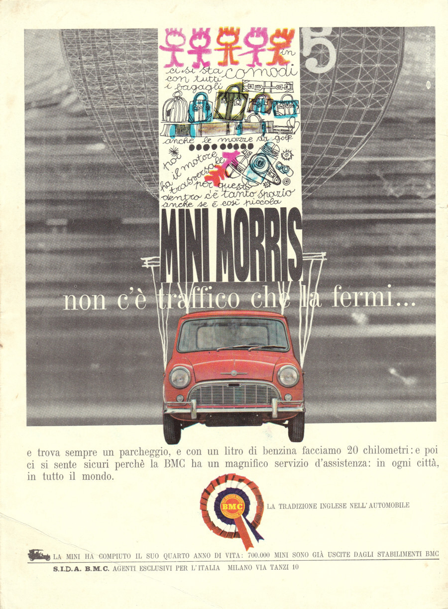 Mini Morris, non c'è traffico che la fermi.... Advertising 1965