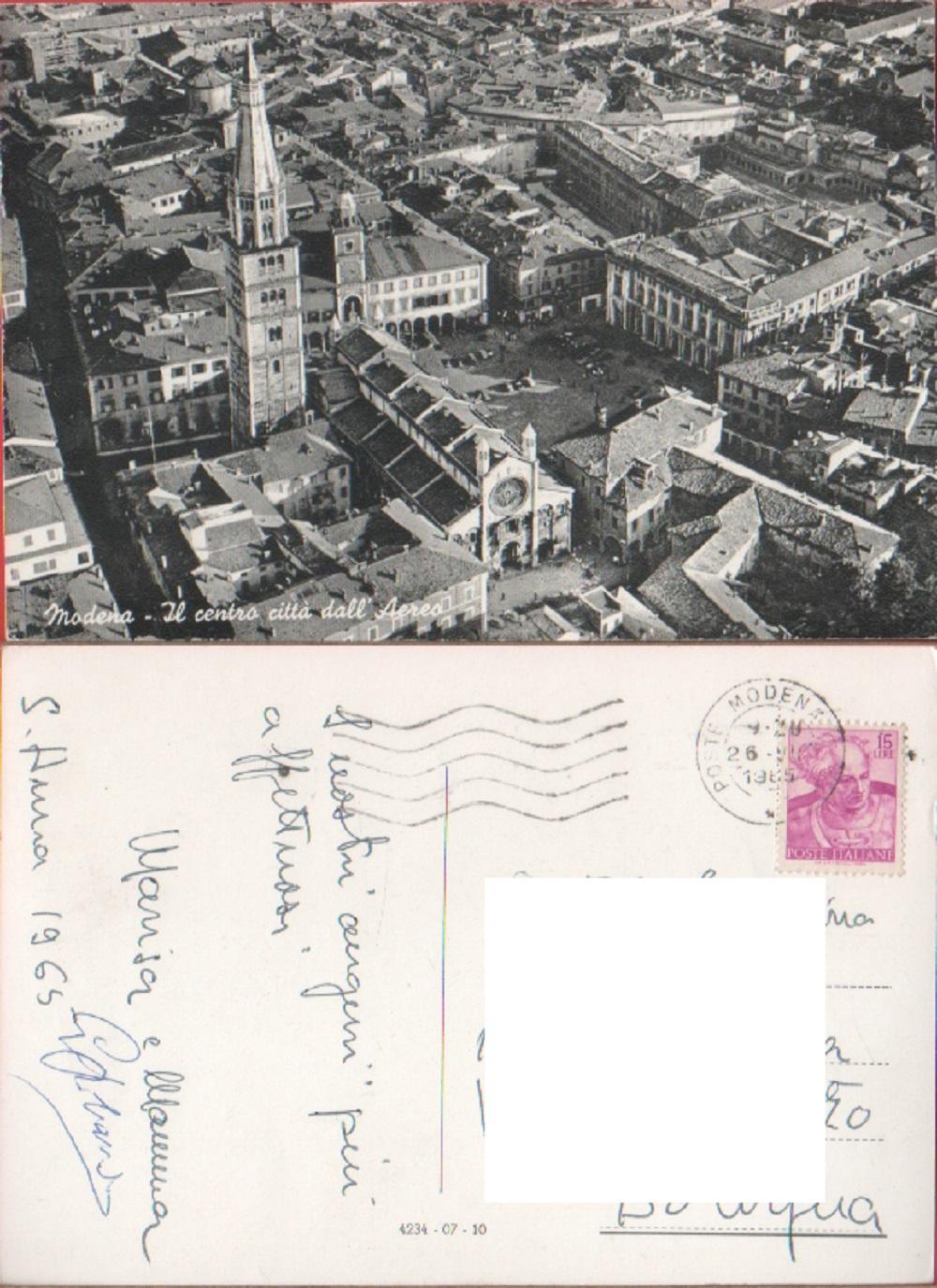 Modena. Il centro città dall'Areo. Viaggiata. 1965