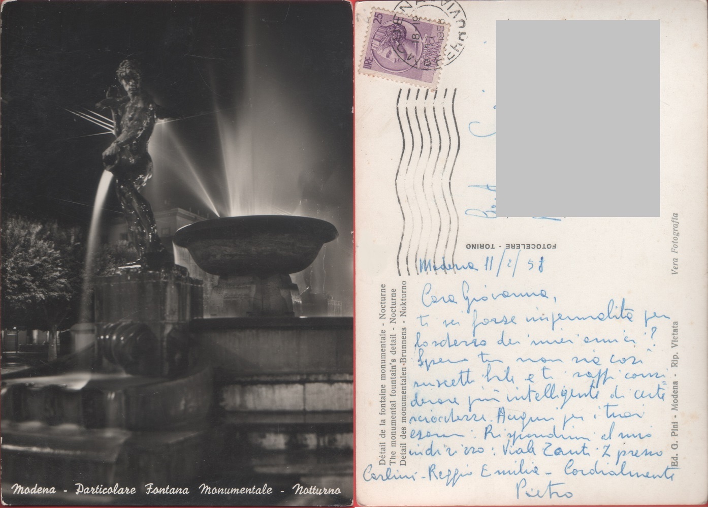 Modena. Particolare Fontana Monumentale. Notturno. Viaggiata 1958