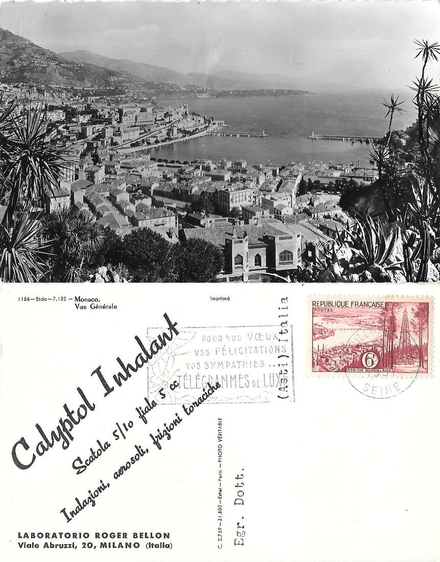 Monaco. Vue generale. Pubblicità medicinali. Viaggiata 1957