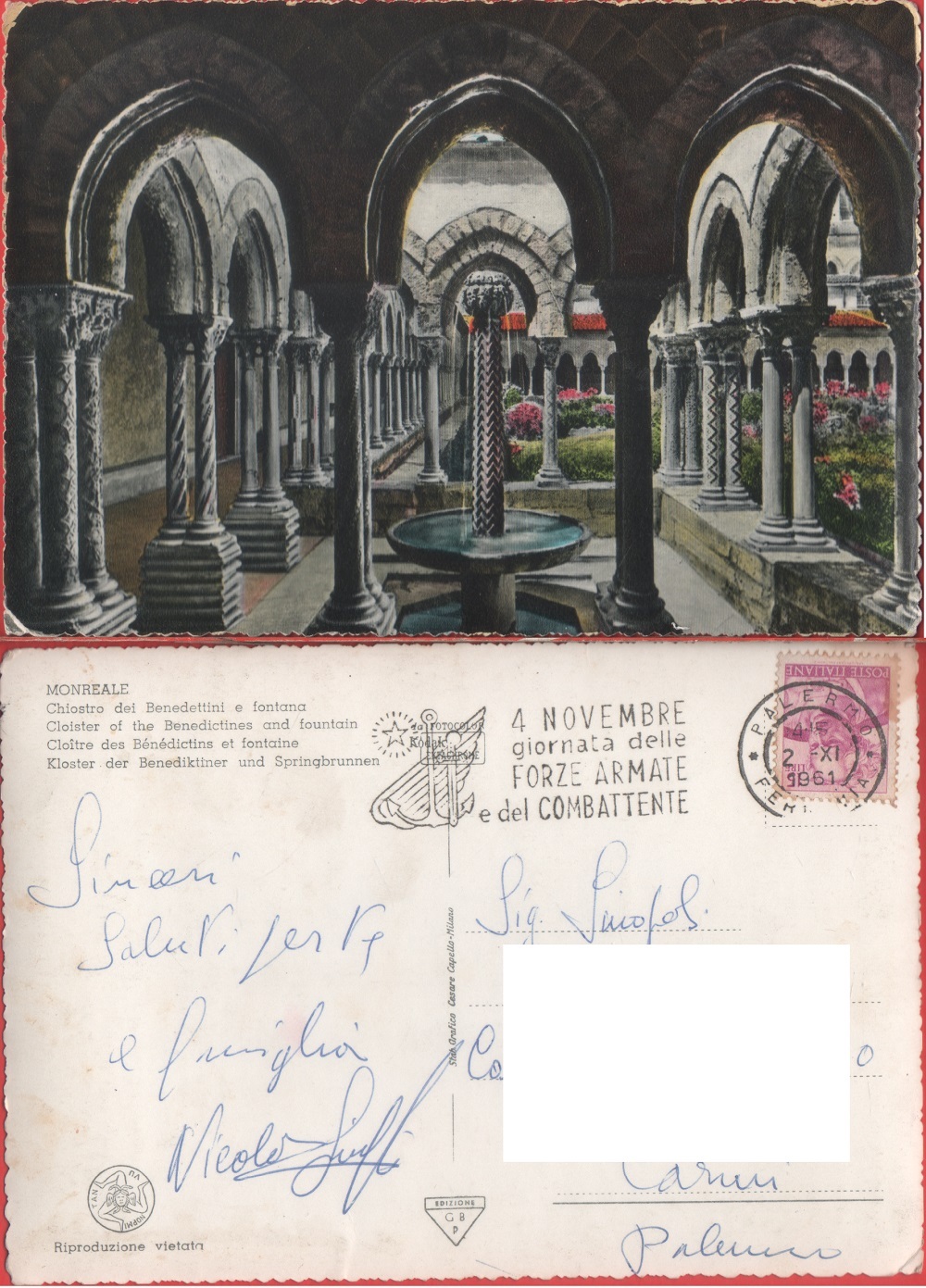 Monreale (PA). Chiostro dei Benedettini e fontana. Viaggiata 1961