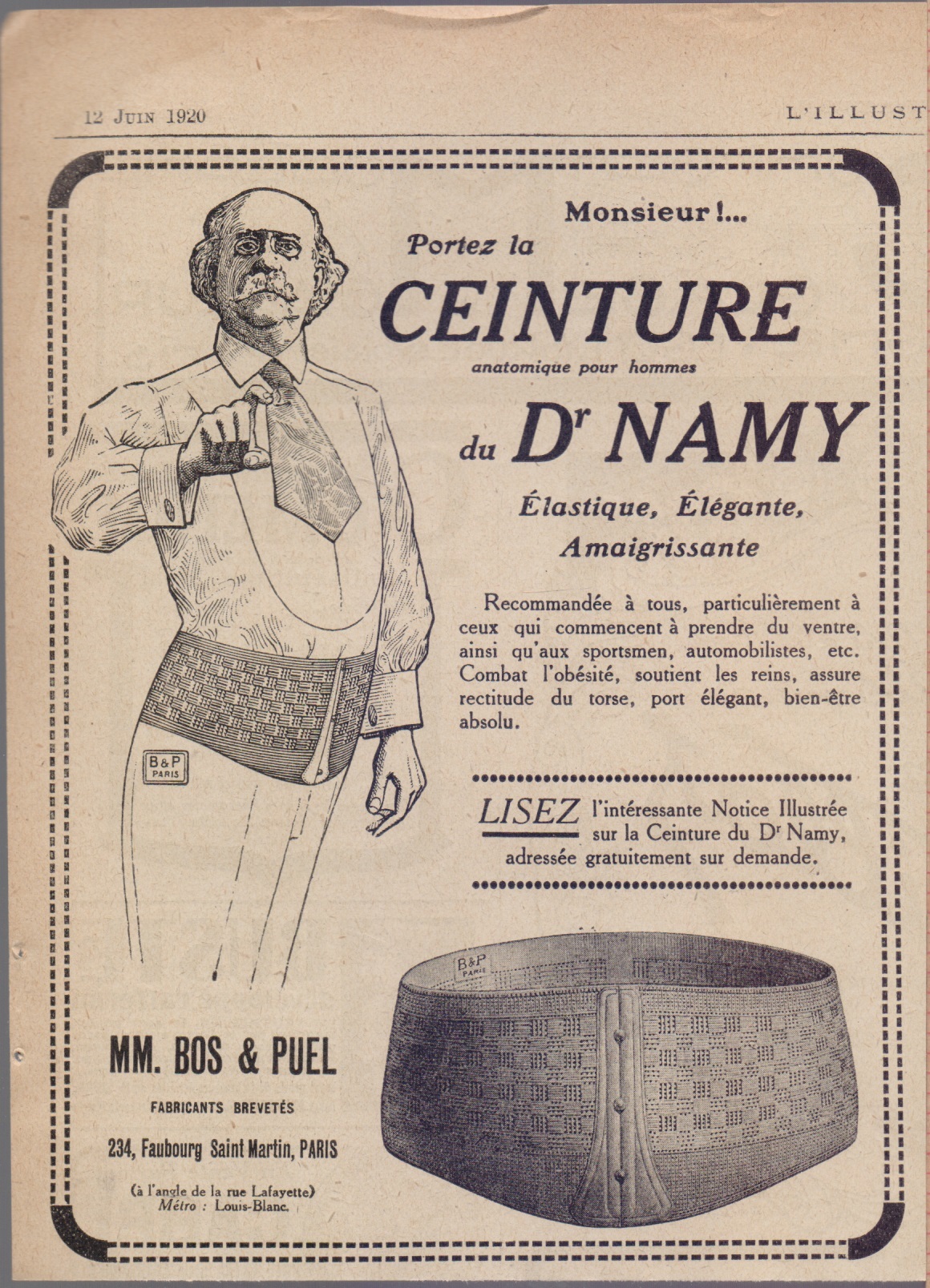Monsieur!.. portez la Ceinture du dr. Namy. Advertising 1920