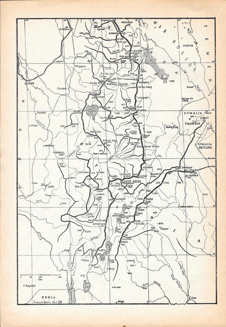 Montagne d'Abissinia. Cartina. Stampa 1936