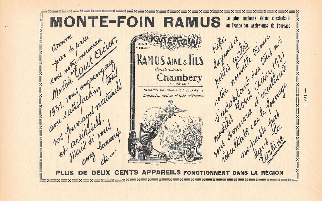 Monte-foin Ramus. Ramus Ainé &amp; Fils, Chambery. Pubblicita 1932