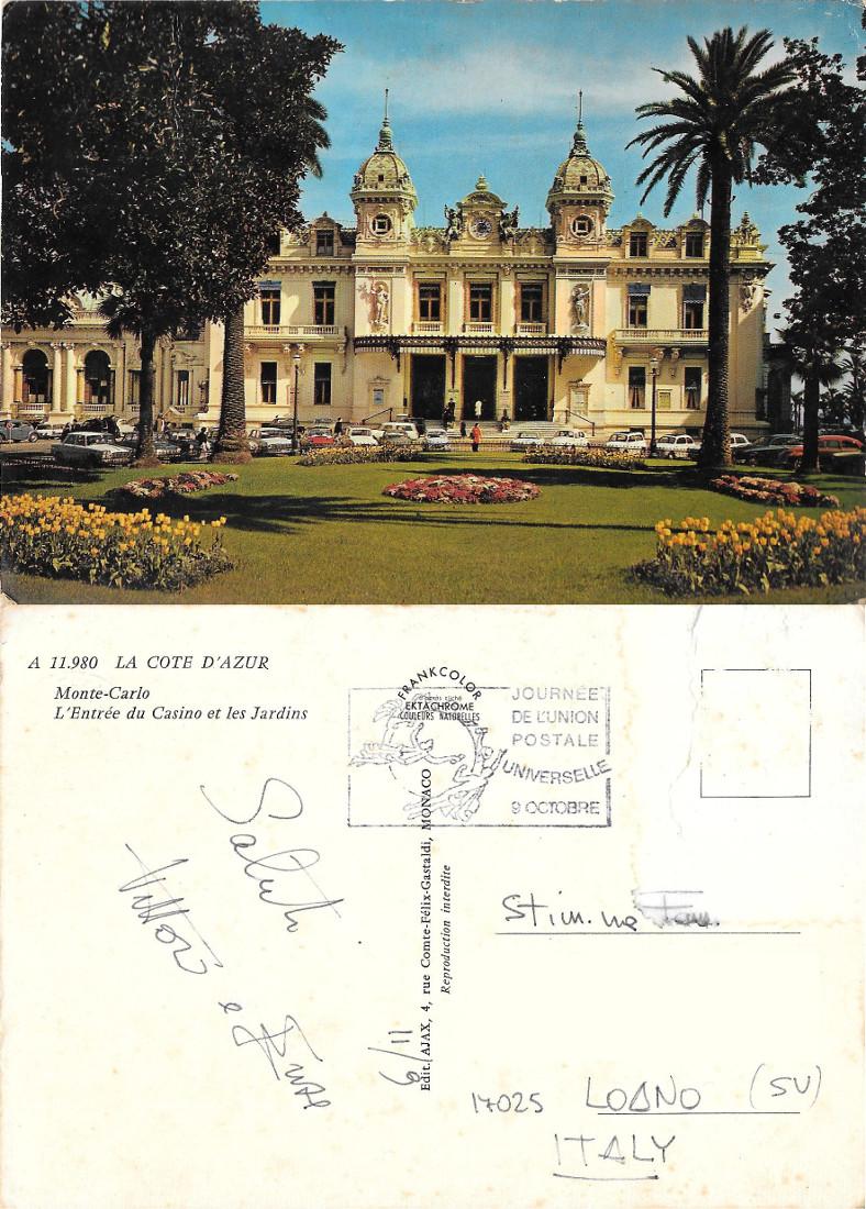 MonteCarlo. L'entree du Casino et les Jardins. Viaggiata