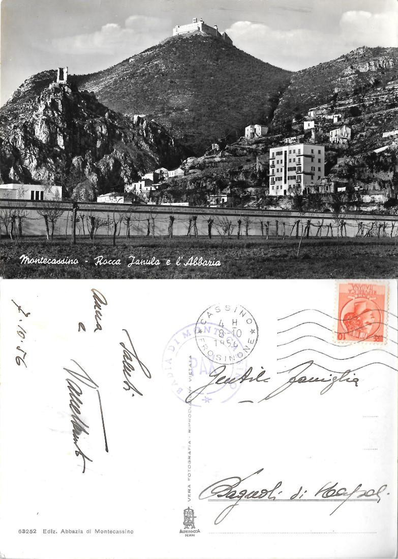 Montecassino. Rozza Janula e l'Abbazia. Viaggiata 1956, timbro Badia