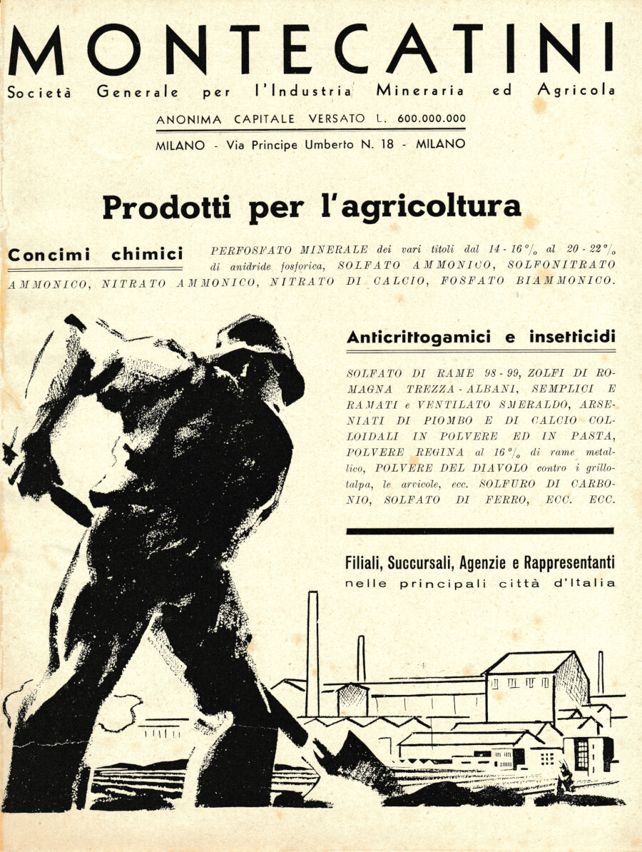 Montecatini prodotti per agricolture/Nitrato naturale. Advertising 1936