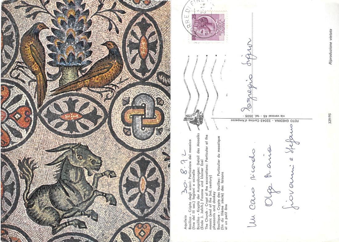 Mosaico fagiani ed asinello (Aquileia). Viaggiata 1972