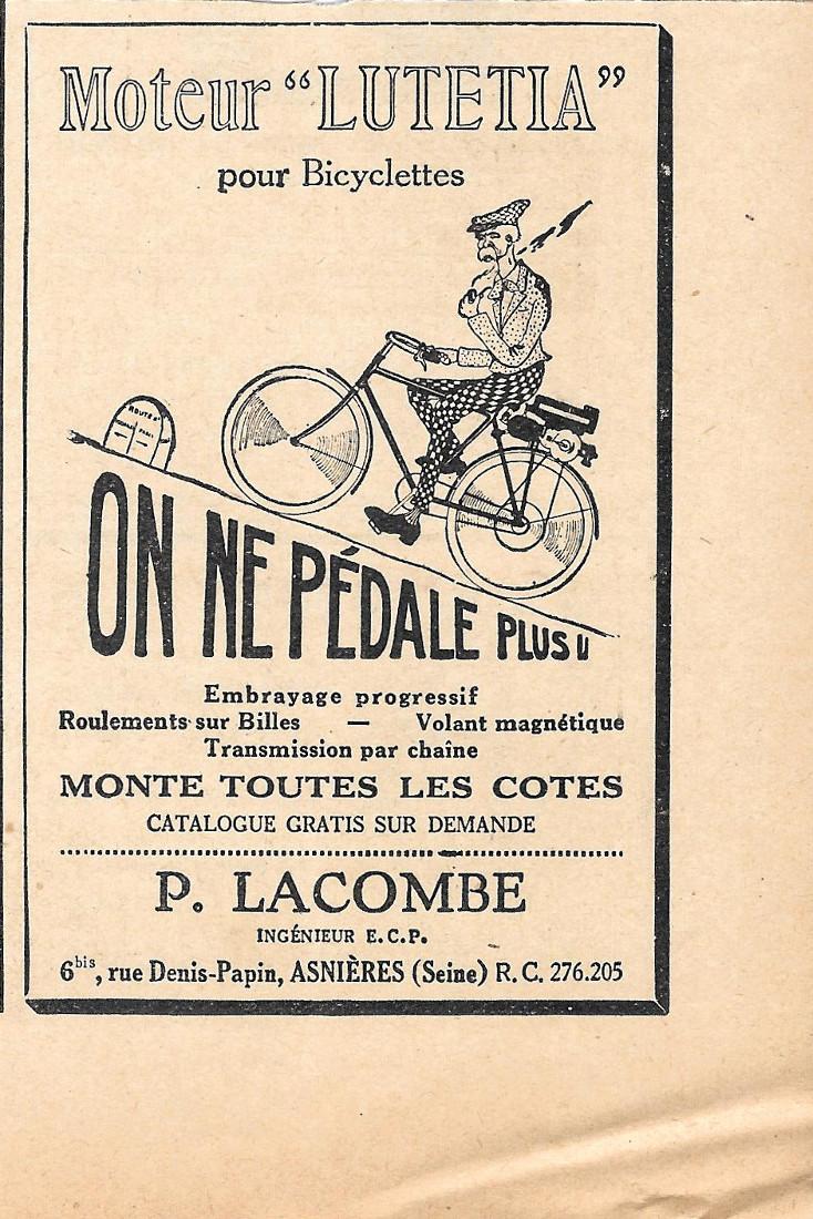 Moteur Lutetia. P. Lacombe, Asnieres (Seine). Pubblicita 1926