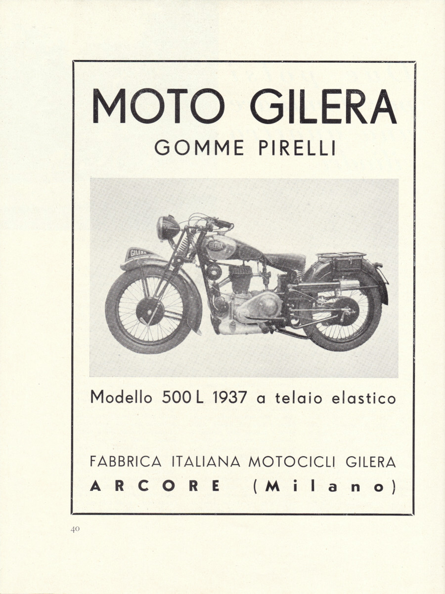 Moto Gilera modello 500L 1937 a telaio elastico. Advertising 1937