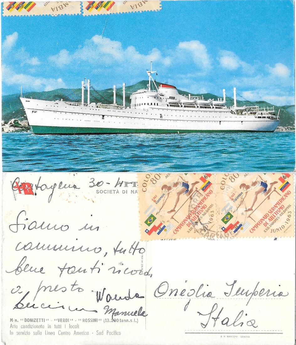 Motonave Donizetti. Da Cartagena (COL). Viaggiata 1964