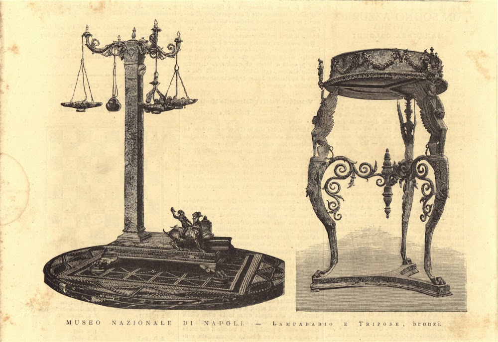 Museo nazionale di Napoli: lampada e tripode, bronzi. Stampa 1876