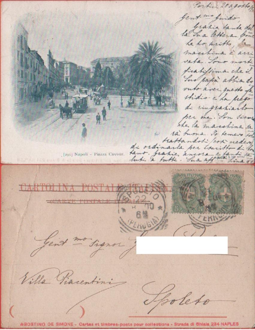 Napoli . Piazza Cavour. Viaggiata 1900. Animata, omnibus