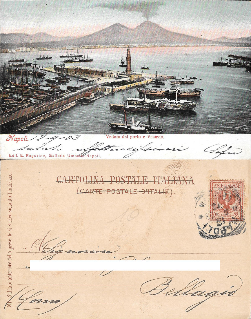 Napoli. Veduta del porto e Vesuvio. Viaggiata 1903