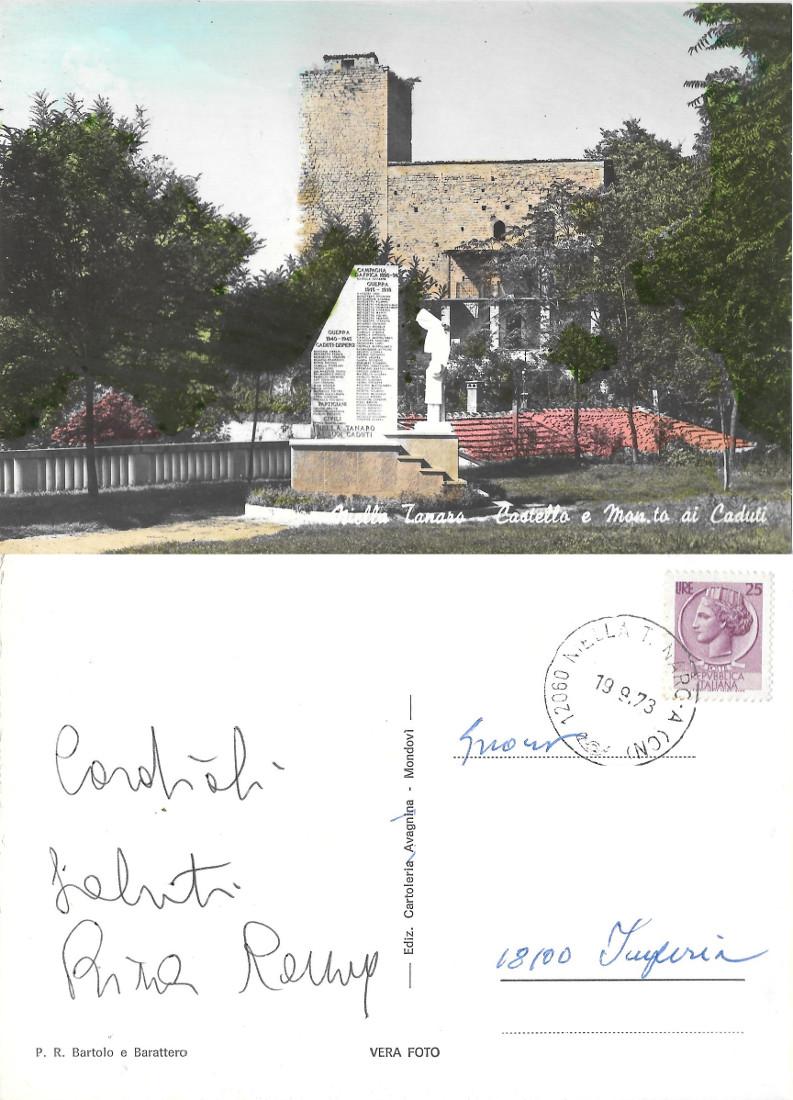 Niella Tanaro (CN). Castello e monumento ai Caduti. Viaggiata 1973