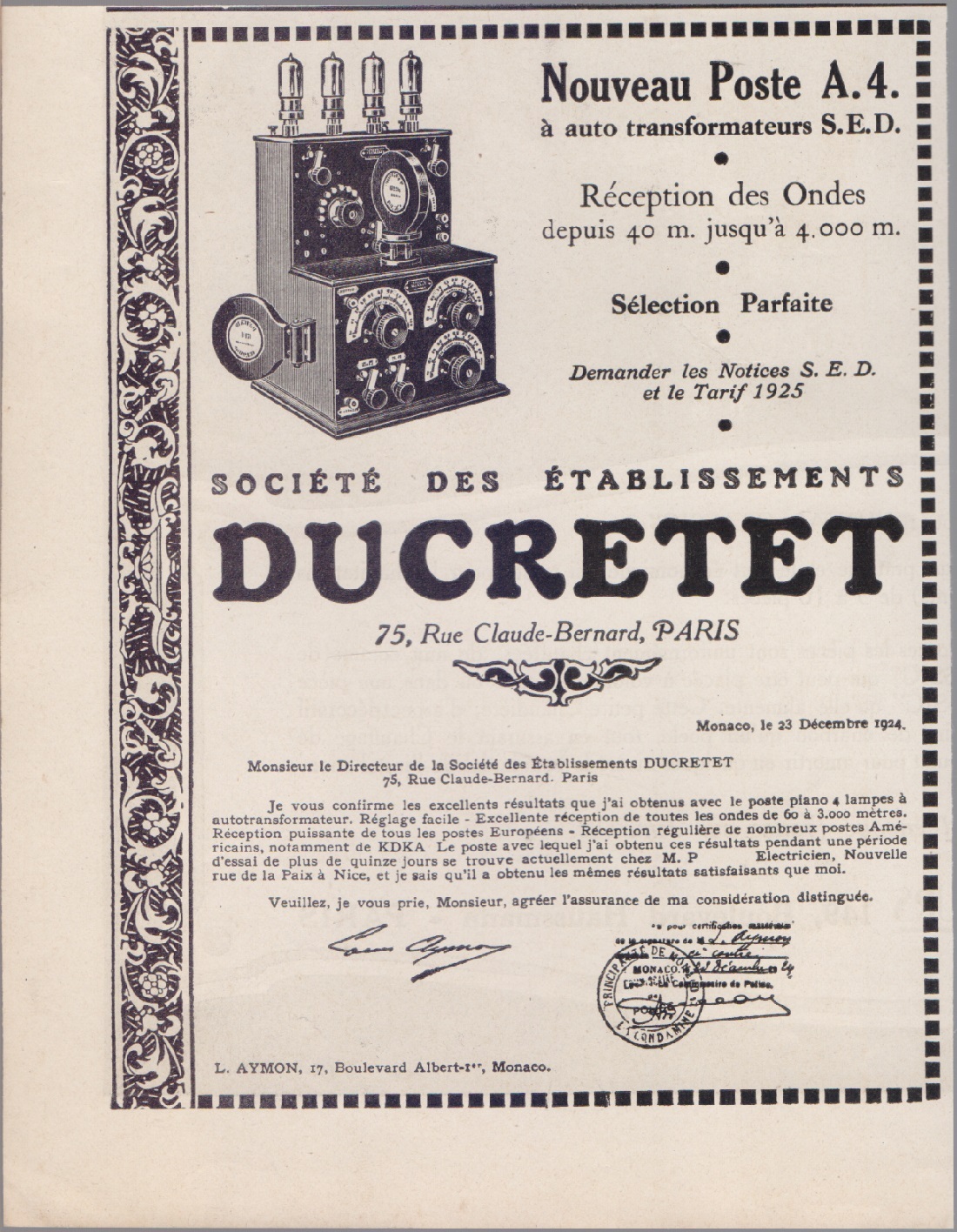 Nouveau Poste A.4. Ducretet. Advertising 1925