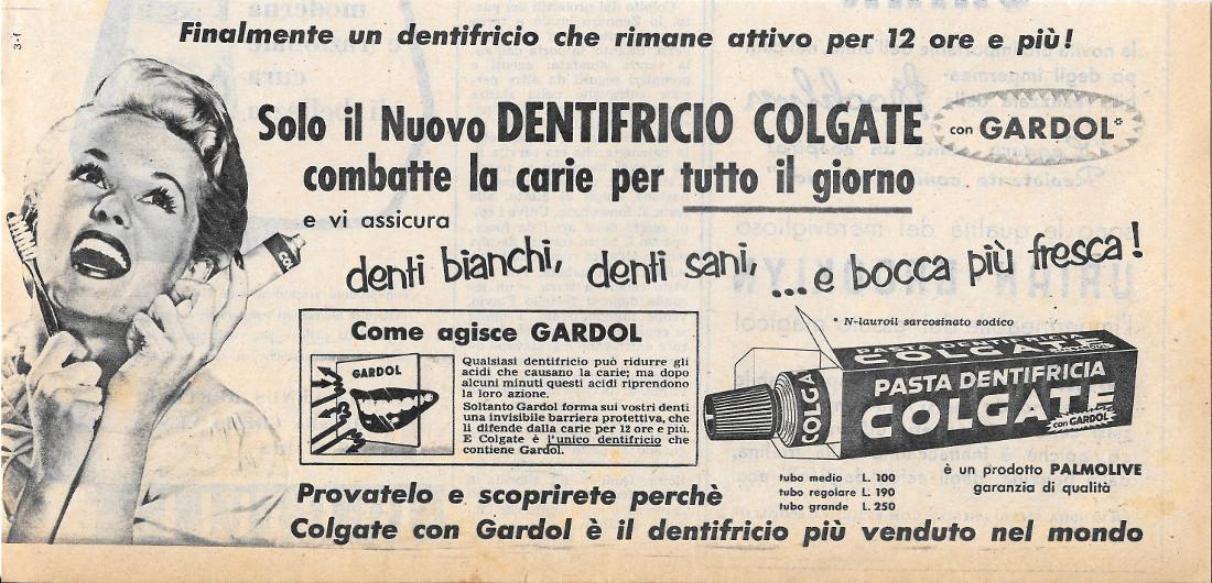 Nuovo Dentifricio Colgate con Gardol. Advertising 1956
