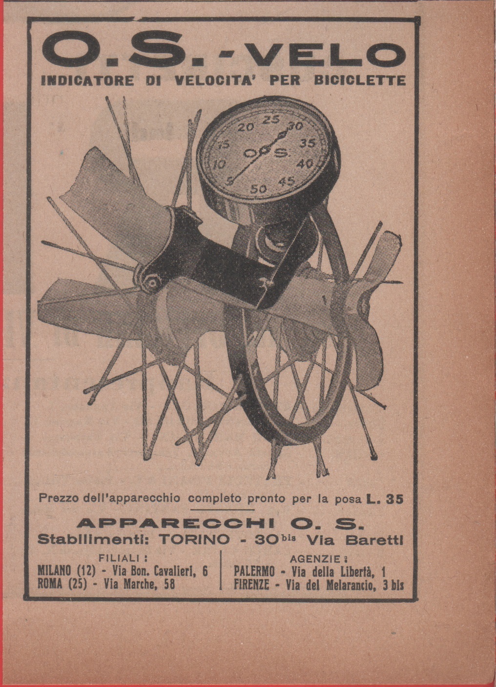 O.S. Velo. Indicatore di velocità per biciclette. Advertising 1926