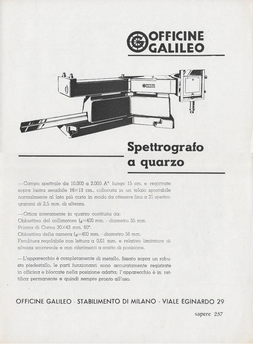 Officine Galileo, Spettrografo a quarzo - Advertising 1938