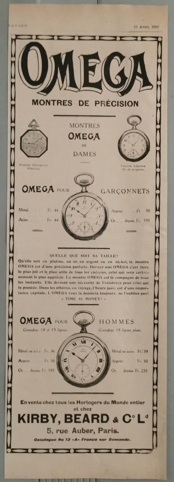 Omega, montres de precision. Advertising 1916