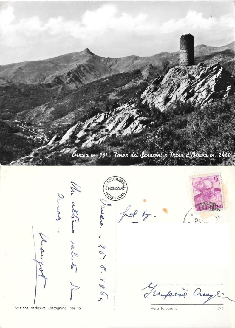 Ormea. Torre dei Saraceni e Pizzo d'Ormea (CN). Viaggiata 1964