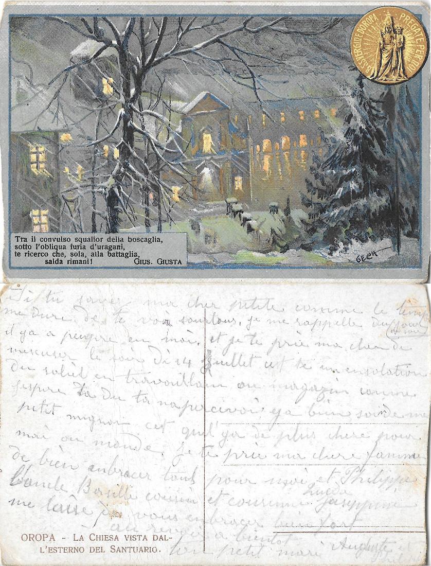 Oropa. La Chiesa vista dall'esterno del Santuario. Scritta