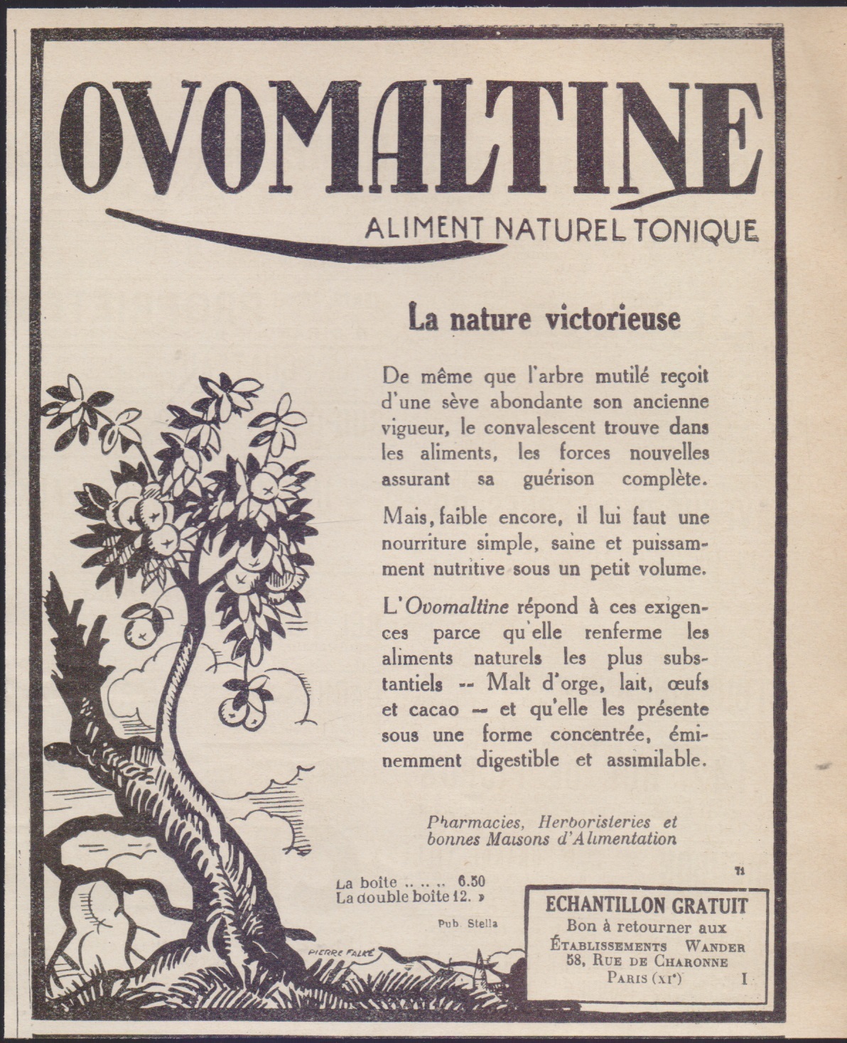 Ovomaltine aliment naturel tonique. Advertising 1926