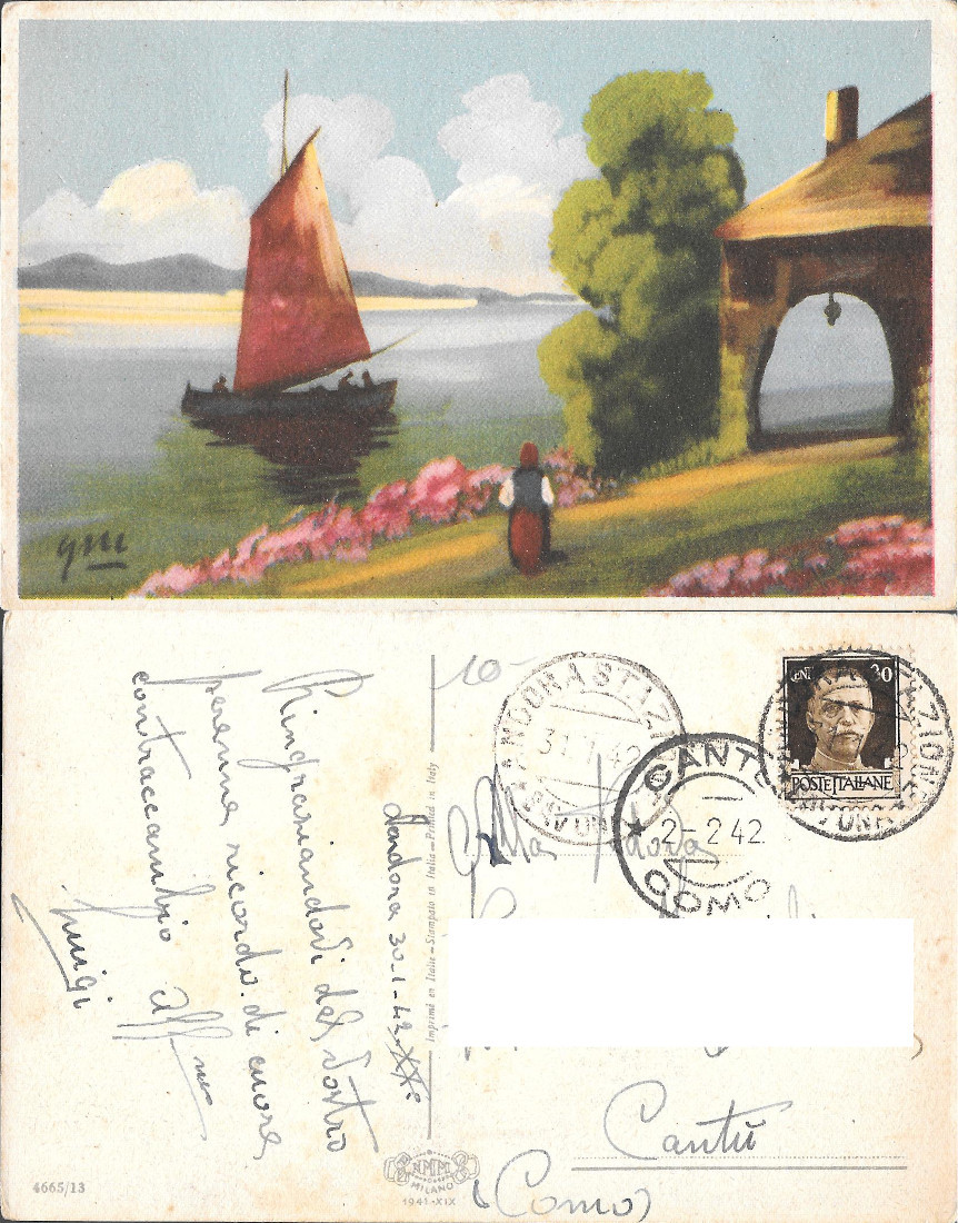 Paesaggio con barca, pittorica. Viaggiata 1942