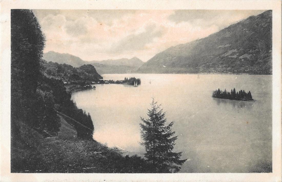 Paesaggio lacustre con isola. Non viaggiata