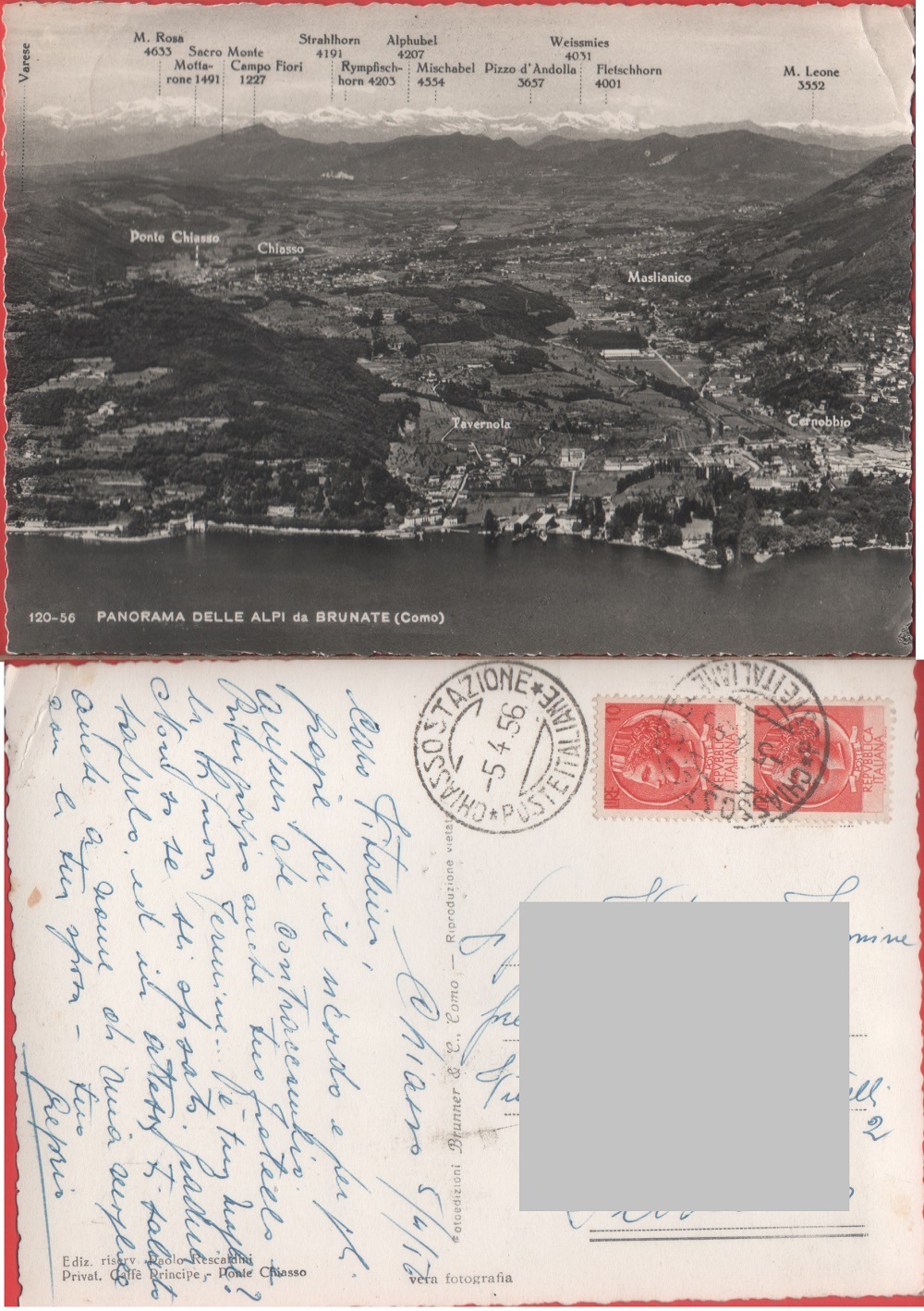 Panorama delle Alpi da Brunate (CO). Viaggiata 1956