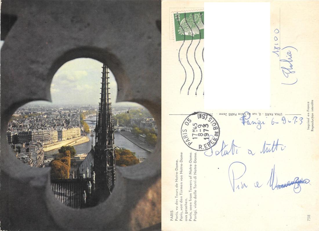 Parigi visto dalle torri di Notre Dame. Viaggiata 1973