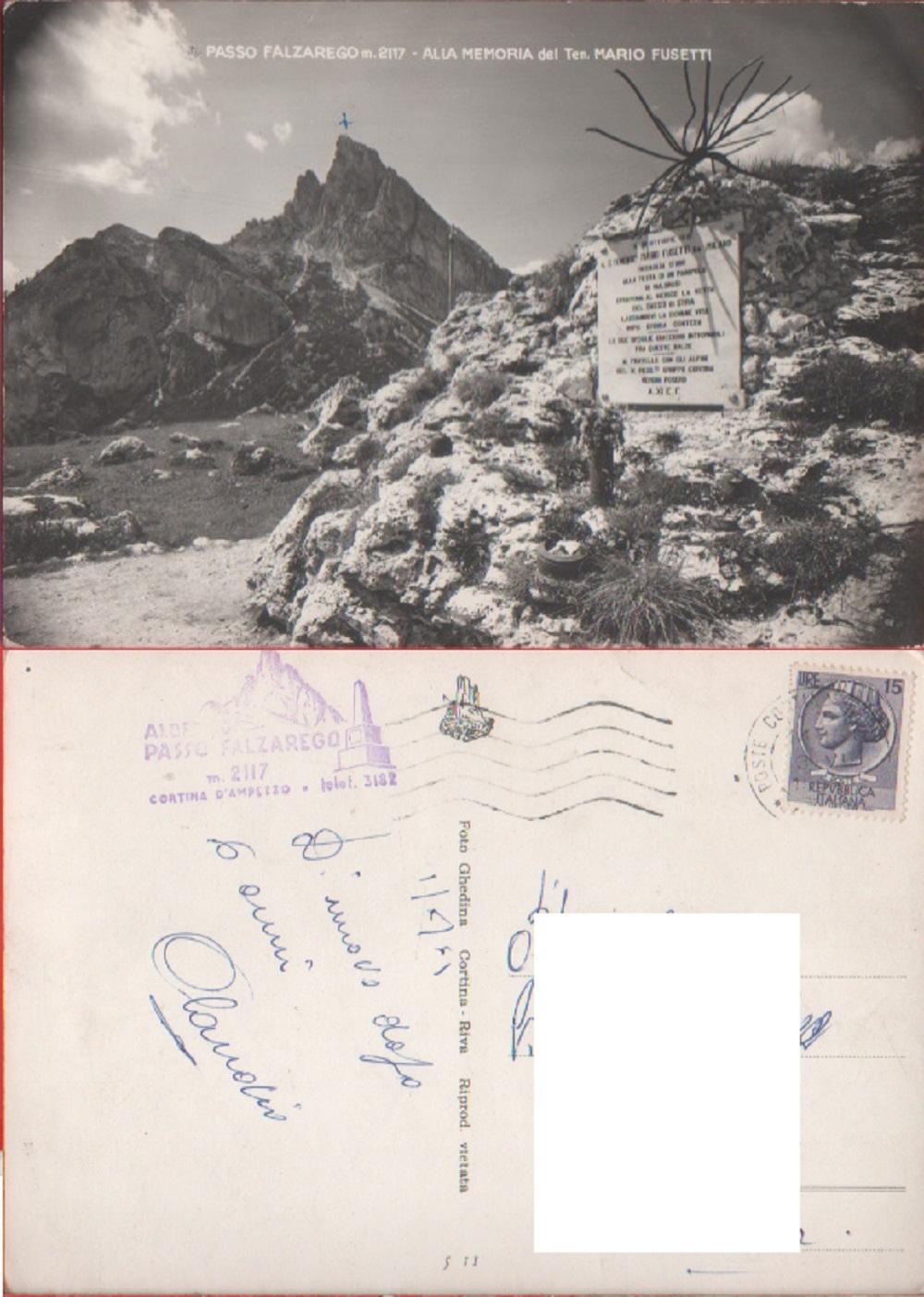 Passo Falzarego. Alla memoria del Ten. Mario Fusetti. Viaggiata. 1961