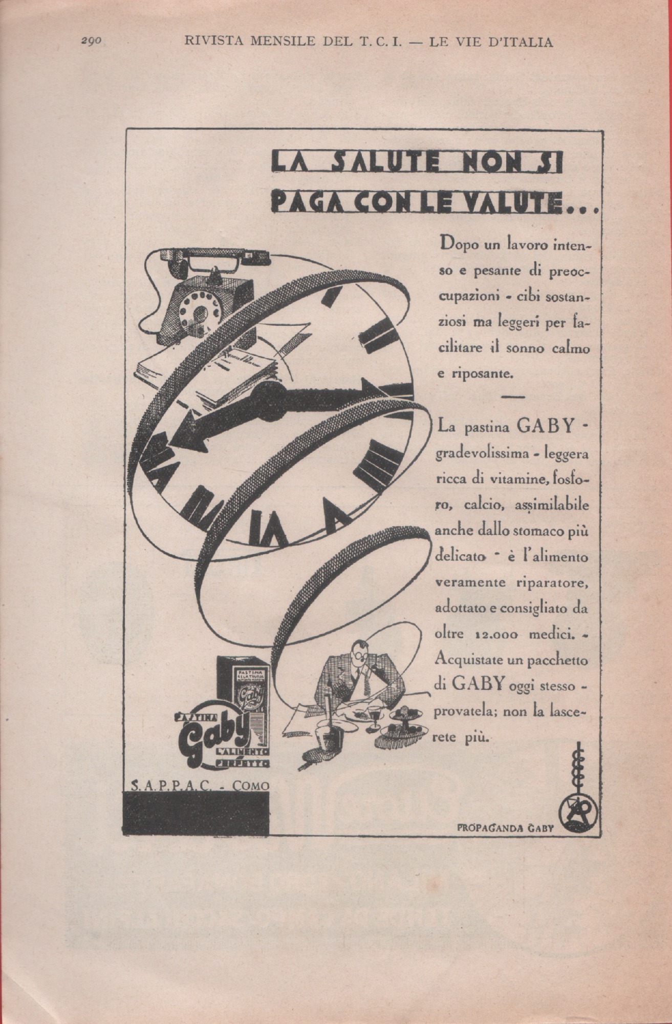 Pastina Gaby. L'alimento perfetto. Advertising 1930