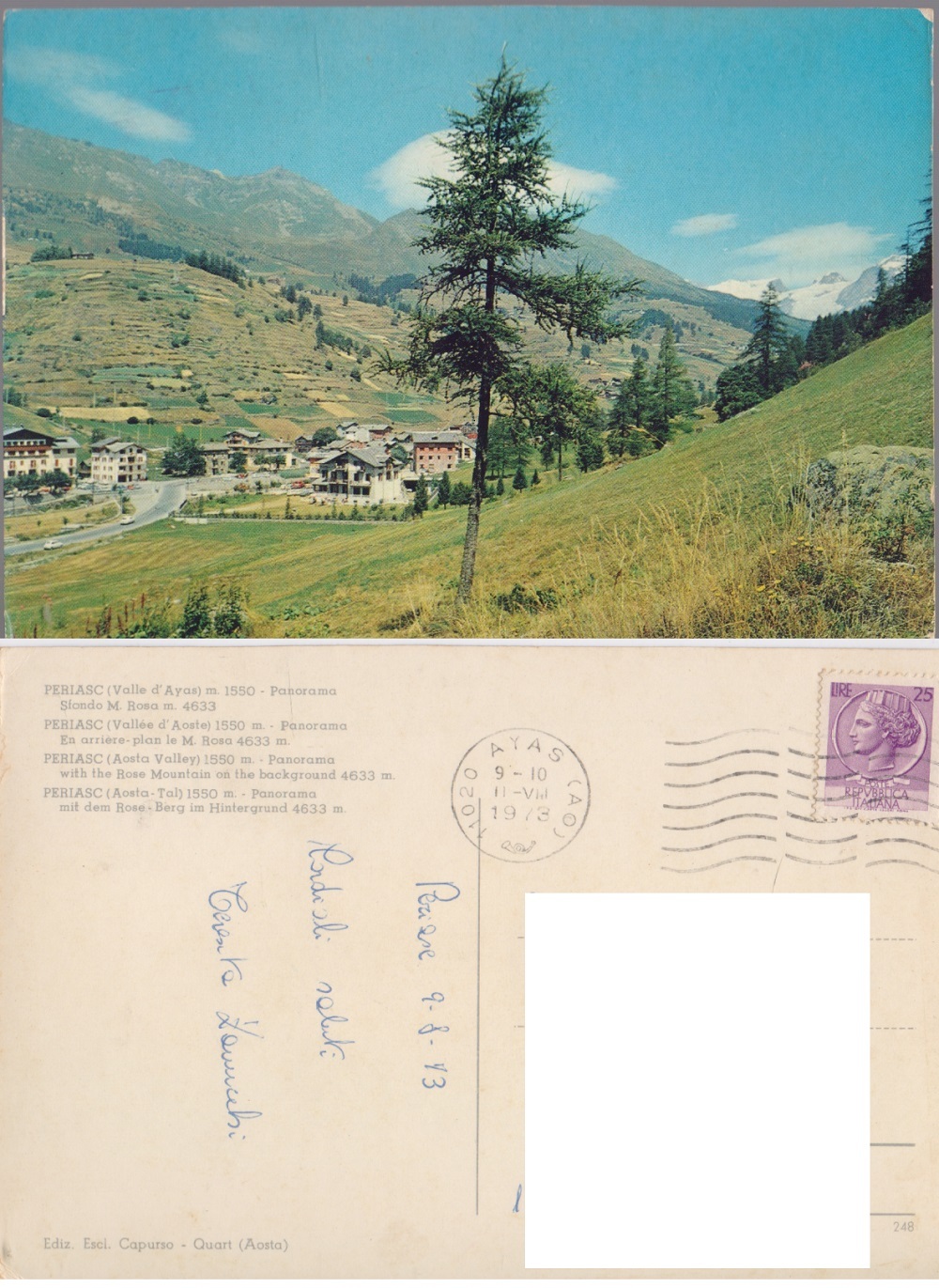 Periasc (AO). Panorama, sfondo Monte Rosa. Viaggiata 1973