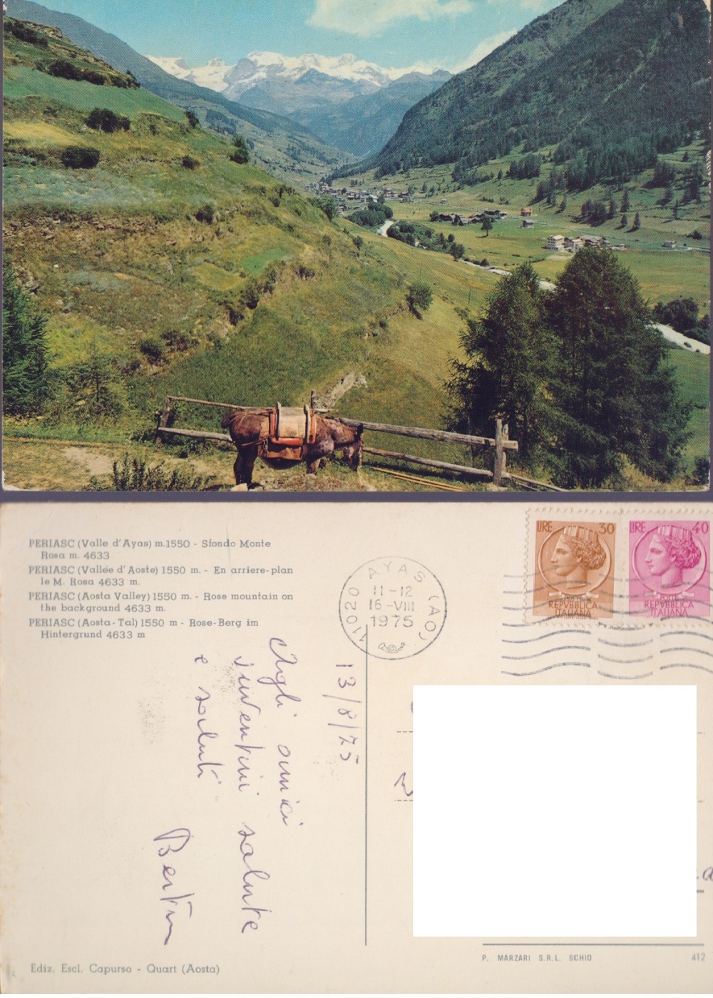 Periasc (AO). Sfondo Monte Rosa. Viaggiata 1975