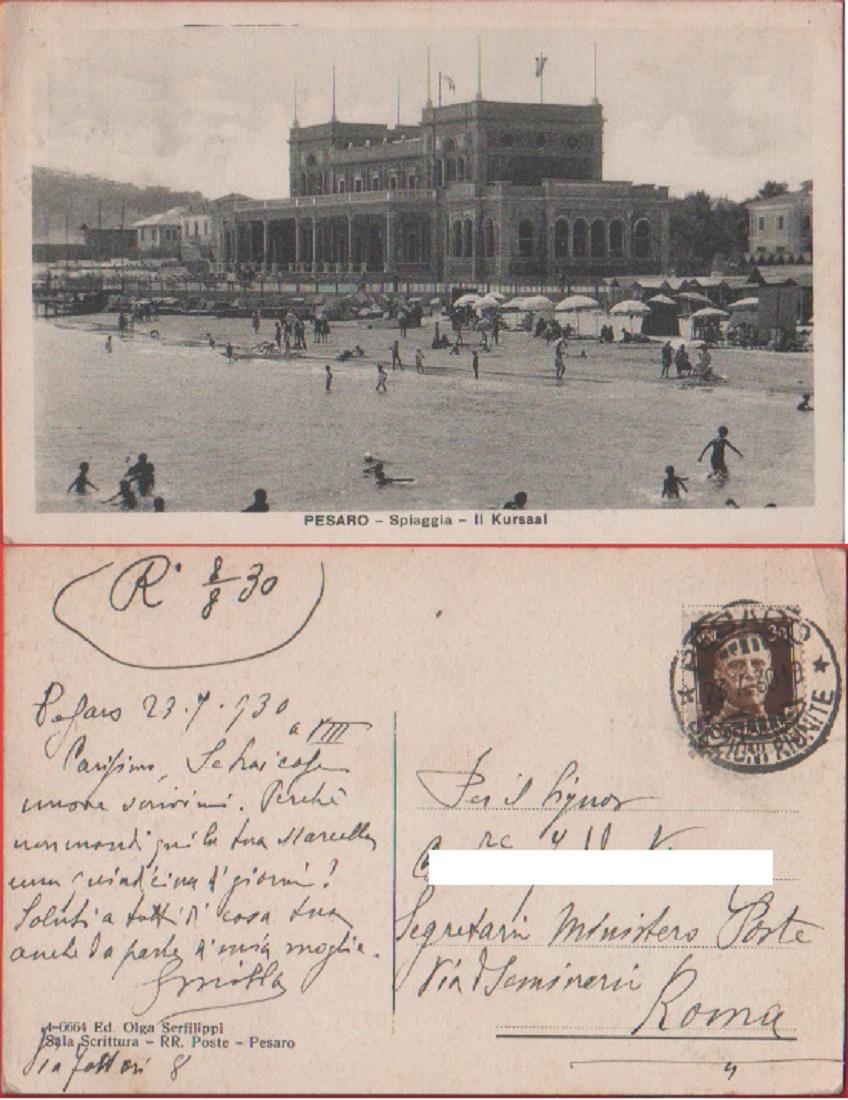 Pesaro. Spiaggia. Il Kursaal. Viaggiata 1930. Animata